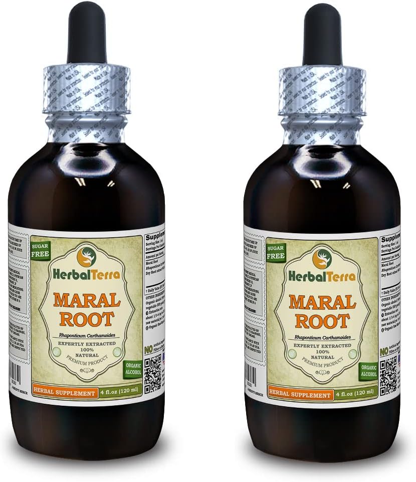 Maral rot (Rhaponticum Carthamoides) Tinktur, organisk tørket rot flytende ekstrakt (Brand Navn: HerbalTerra, stolt laget i USA) 2x4 fl.oz (2x120 ml)