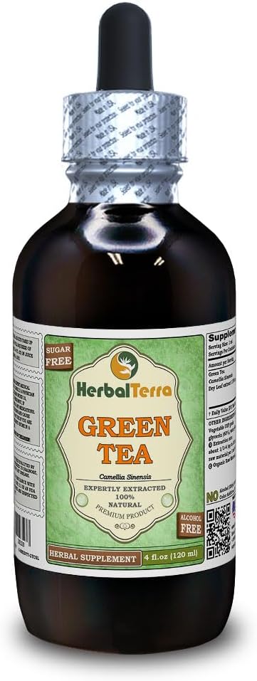 Grønn te (Camellia Sinensis) Glyceritt, organisk tørkede blader alkoholfri flytende ekstrakt (merkenavn: HerbalTerra, stolt laget i USA) 4 floz (120 ml)