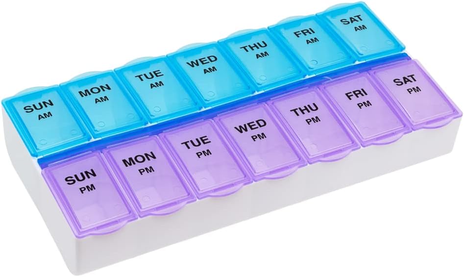 EZY DOSE Ukentlig (7-dager) AM / PM daglig pille saken, medisinplanlegger, Vitamin, fiskeolje, kosttilskudd organisator container, store sammenligninger, 2 ganger om dagen, blå og lilla Lids, BPA gratis