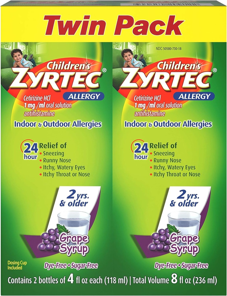 Zyrtec 24 Hr Barns Allergi Syrup med Cetirizine, Sukkerfri Grape, Twin Pack på 4 fl oz