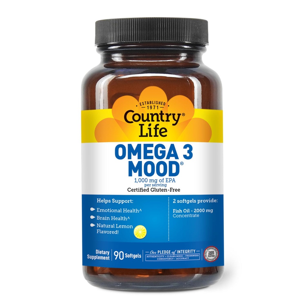 Country Life Omega 3 Mood – 2000mg Fish Oil med EPA & DHA – Hjerne, hjerte & Mood Support – sitron flavored, ingen fiskelig ettersmak – sertifisert Glutenfri, ikke-GMO – 90 Softgels