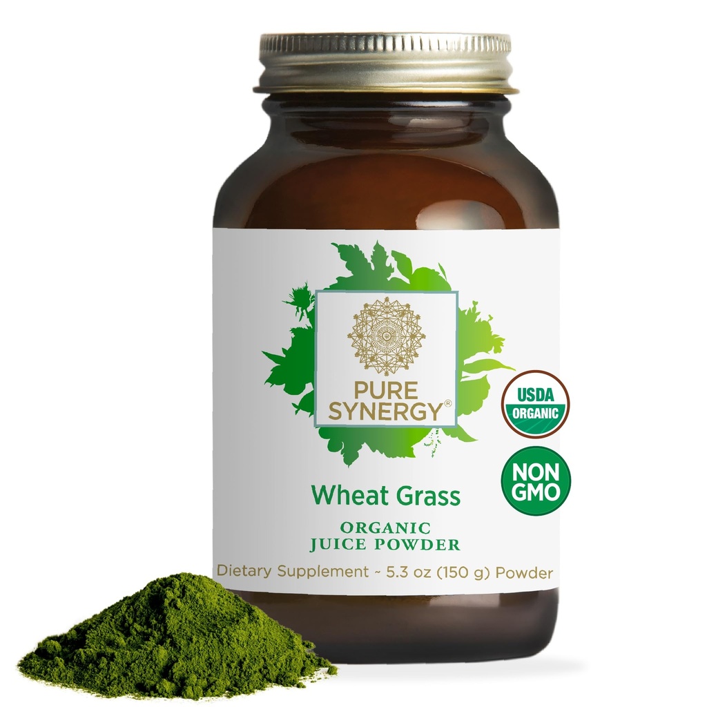 PURE SYNERGY Organic Wheat Grass Juice pulver | Klorofyll-Rich Grønn Juice pulver | Raw Organic USA Hvete Grass | for energi, Alkalisk balanse og Digestionsstøtte (5,3 oz.)