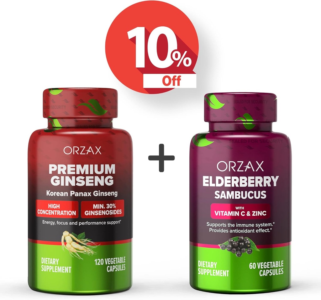 ORZAX Ginseng, 30% Ginsenosides, Premium 120 Grønnsaker Kapsler og Elderbær Kapsler, 2000 mg 60 Grønnsaker Kapsler, Bundle