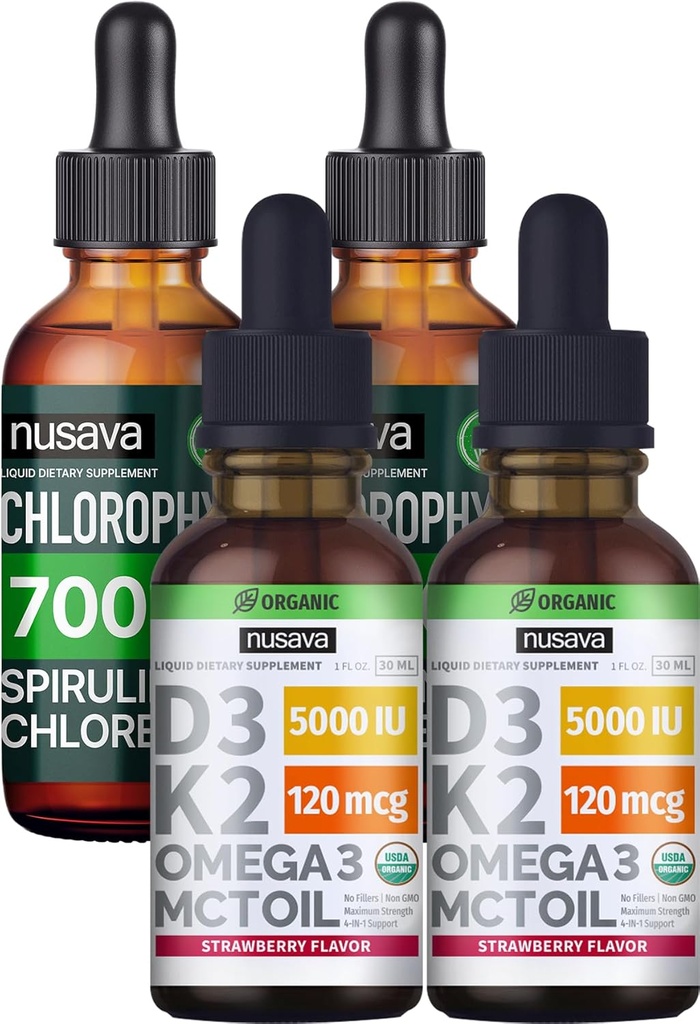 NUSAVA Strawberry Flavored D3 K2 Drops og klorofyll flytende dråper Bundle - Potent flytende vitaminer for hjerte, felles, energi, og immunstøtte - Ikke-GMO, Glutenfri, 2pk Hver