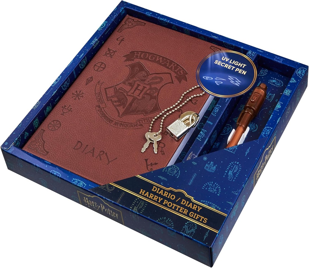 Harry Potter låsbar dagbok med UV usynlig blekk penn for barn, tenåringer, hemmelig dagbok med nøkkel, lineed sider, papirvarer, gaver for barn (Brown UV penn)