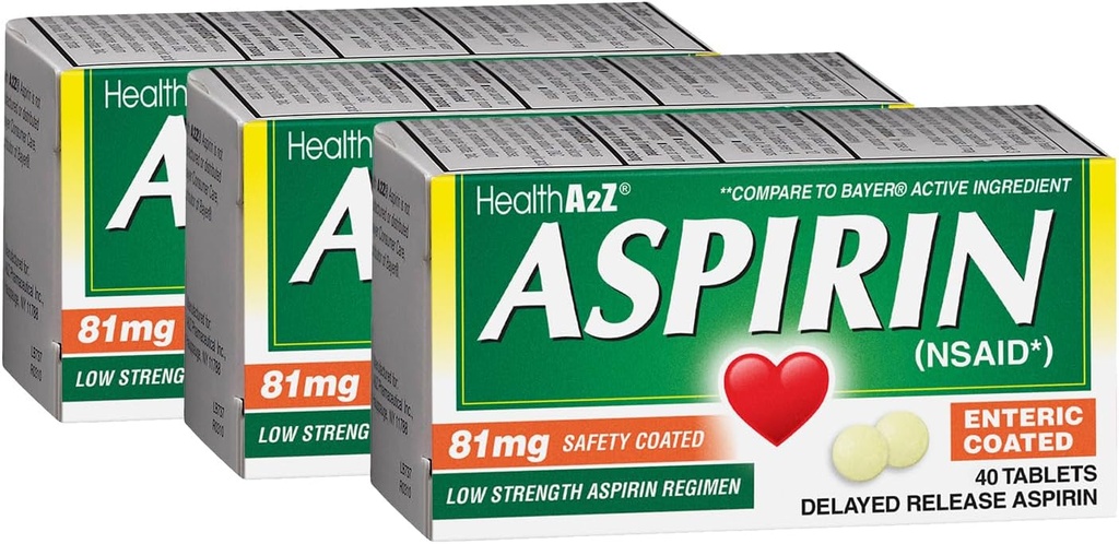 HealthA2Z® Aspirin 81 mg | Lav styrke | Enterisk belagt | smertelindring | Reduserer mindre akser muskelsmerter og krummer | Feber Reduserer hodepine (40 greve (Pack of 3))