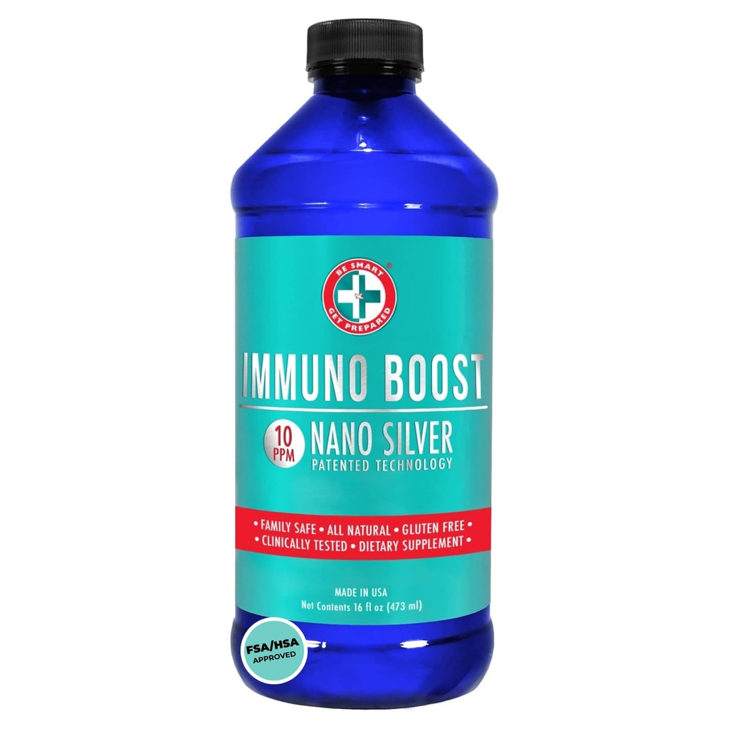 Vær Smart Få forberedt Nano Silver Immuno Boost - 16 oz - Daglig immun immuntilskudd for familie - Glutenfri, Vegetarisk - laget i USA