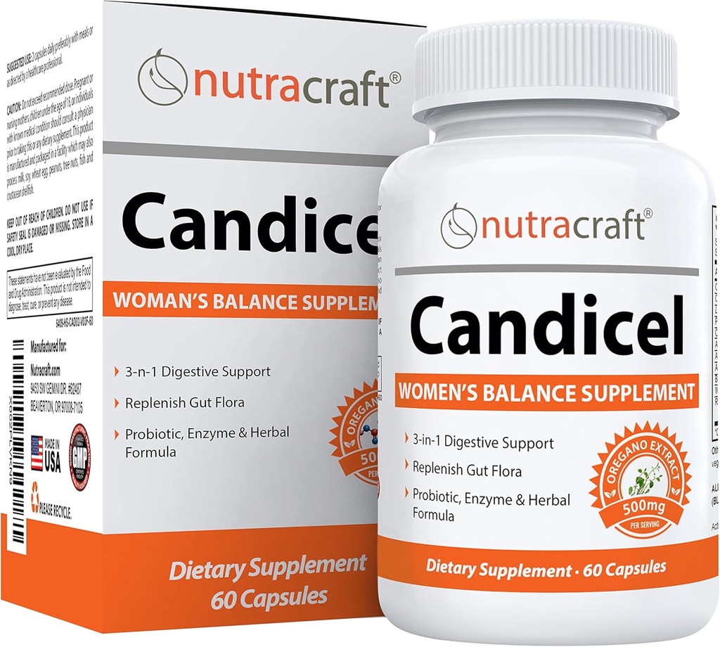 Nutracraft Candicel # 1 Intestinal Flora Supplement | Caprylsyre, Oregano, Wormwood, Black Walnut & Probiotika for overvekst støtte | 60 kapsler (Non-GMO)