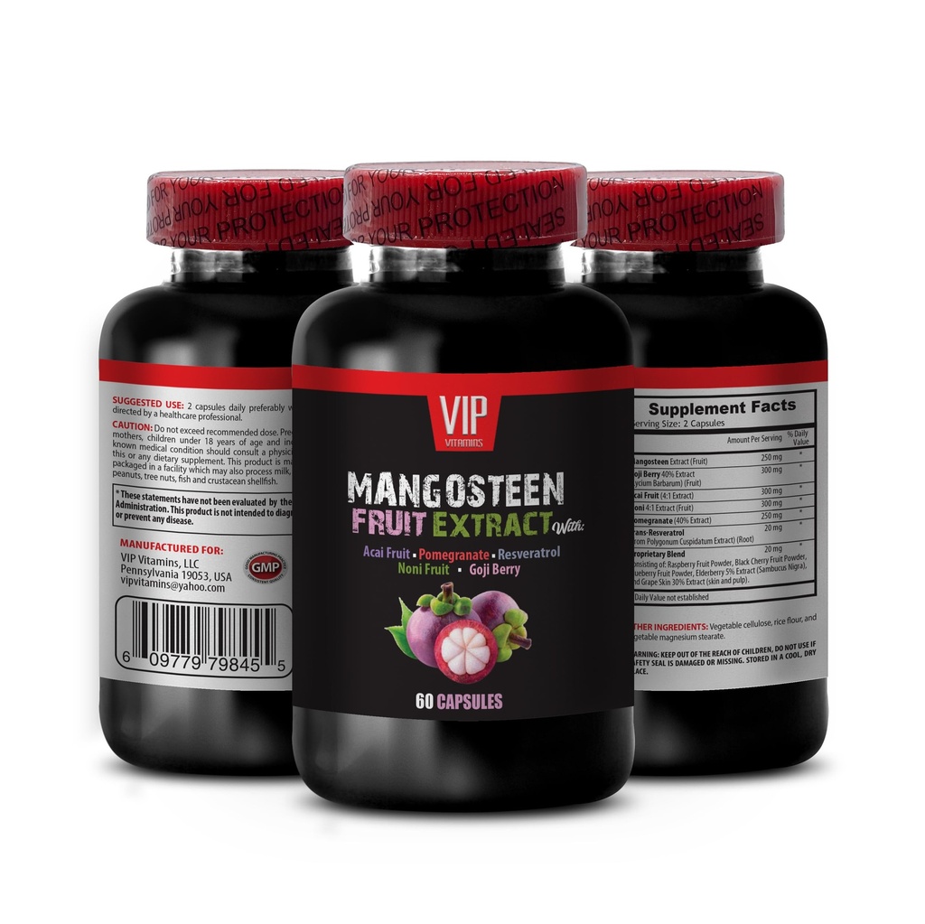 VIP VITAMINS Mangosteen, Mangosteen ekstrakt - Mangosteen fruktekstrakt - Acai Berry, Goji Berry, Pomegranate, Noni, Trans-Resveratrol, Elderbærfrukt, Grape Hud - 1 flaske 60 kapsler