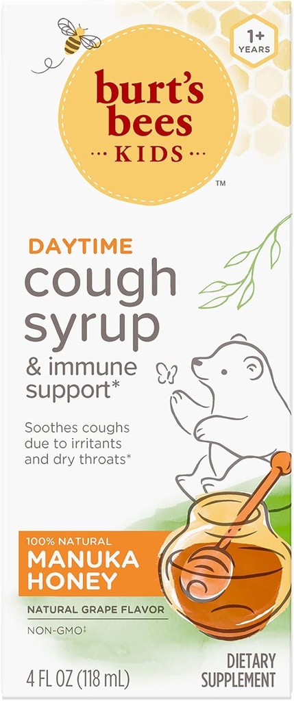 Burts Bees Kids Daytime Cough Syrup and Immune Support, Naturlig Grape Flavor, Kosttilskudd, 4 Fl Oz