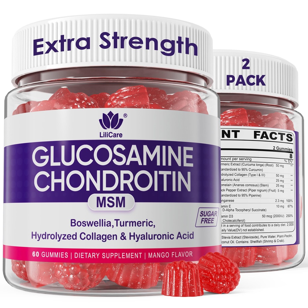 Glukosamine Chondroitin Gummies, sukkerfri glukosamine Chondroitin MSM Supplement, Ekstra styrke med Boswellia Turmeric, Hydrolysert kollagen & Hyaluronsyre, Bone helse for menn og kvinner, 120 Cts