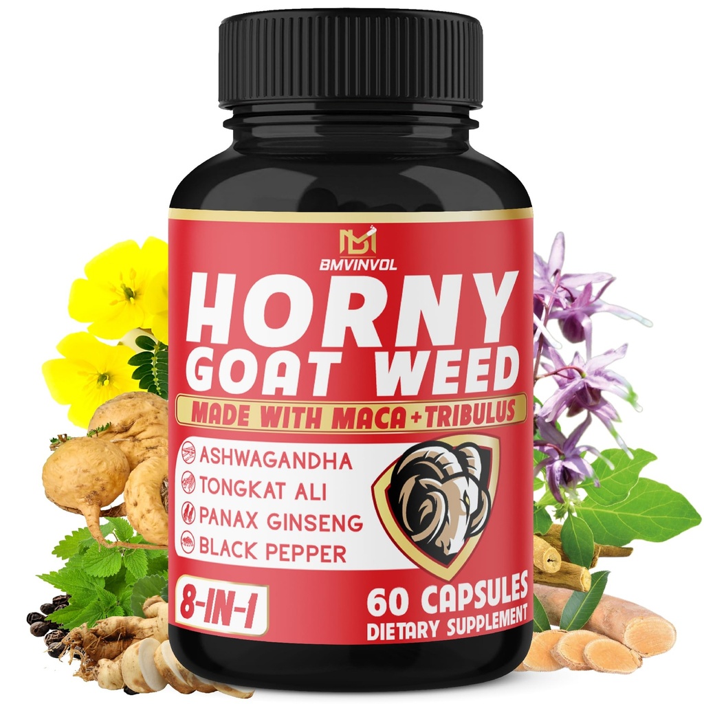 BMVINVOL Horny Goat Weed Kapsler med Tribulus, Ginseng, Ashwagandha, Maca, Tongkat Ali, Nettle, Black Pepper - 60 Count