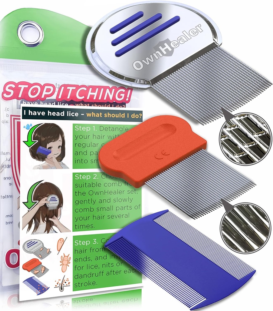 EIGHEALER Professional Lice Comb Kit - for Lice, Nits og Dandruff fjerning. Raske resultater for hodelusbehandling - egnet for alle hårtyper. Peine para piojos y liendres.