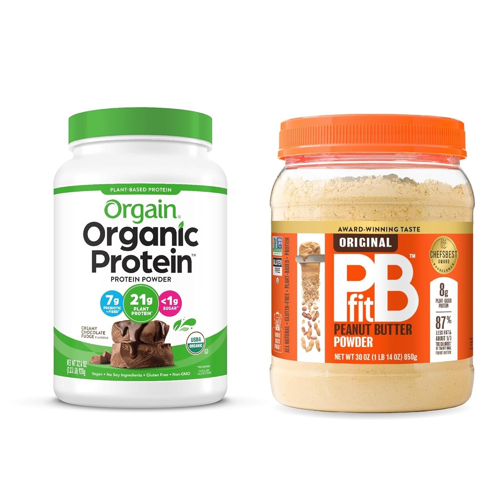 Orgain organisk vegansk protein pulver, sjokolade fudge 2 lbs + PBfit Original 30 oz