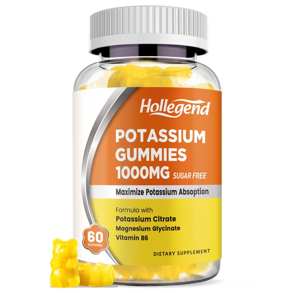 Kalium Gummies 1000mg, Maximum Kalium Absoption Blande med vitamin B6 Magnesium, Kalium Citrat Supplement for voksne, Sukkerfri, 60 Count