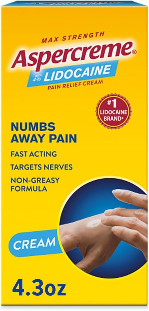 Aspercreme Lidocaine smertelindringskrem Sotter Forbedrede Nerver, Numbing Topic Analgesic med Max-Strike 4% Lidocaine & Moisturizing Aloe, 4.3 Oz.
