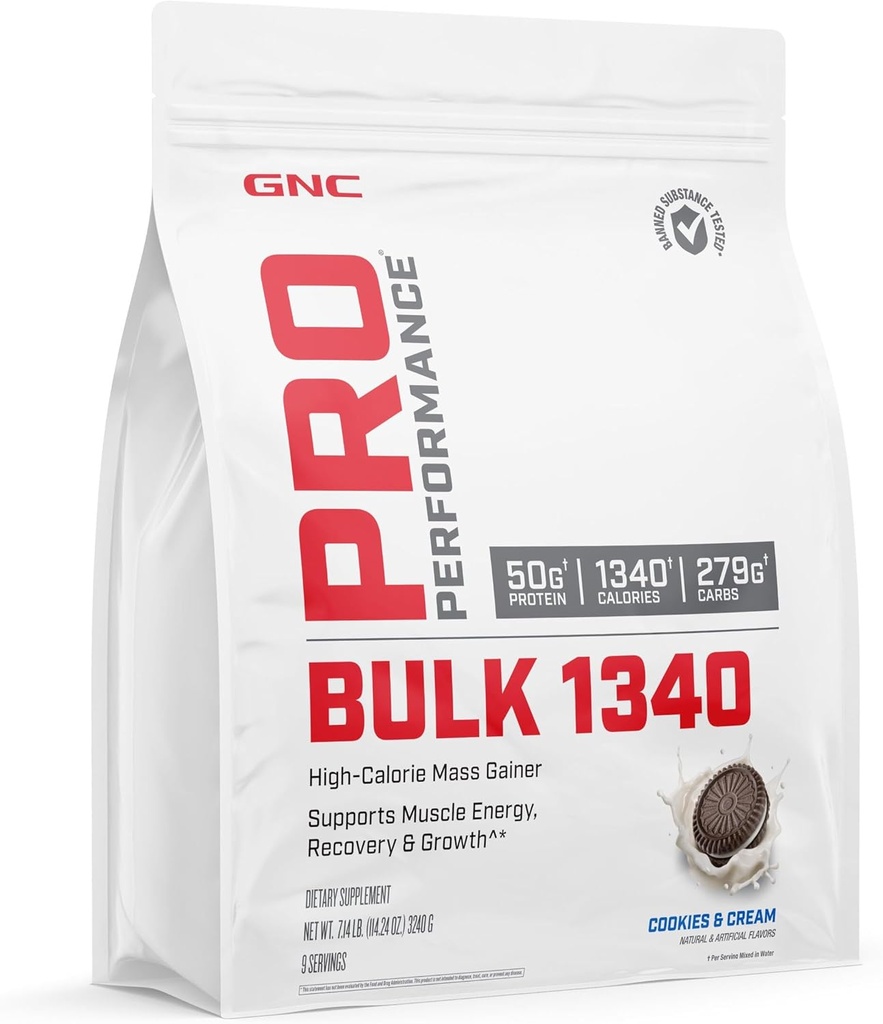 GNC Pro ytelse bulk 1340 Mass Gainer Protein pulver, 50g, Glutenfri, Whey, Kreatin, BCAA, 3. part testet, Muskelgjenvinning og vekst, Mikronæringsstoffer, Informasjonskapsler og krem, 9 serveringer