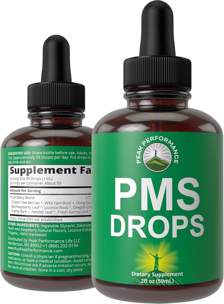 PMS relief 9-i-1 flytende dråper Supplement. 9 Herbal ingredienser for å støtte perioden krammer smerte for kvinner. Vegan, Zero Sukkervitaminer med organiske Chaste Trebær, Cramp Bark, Yam Root, Nettle Leaf
