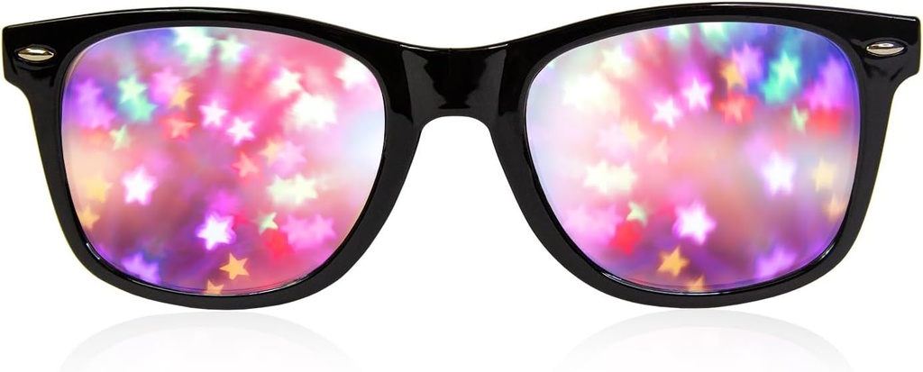 GloFX Black Frame Star Diffraksjonsbriller – Laser Etched for Bedøvelse Starburst Light Effects, Fleksibel og holdbar, Perfekt for Raves & Festivals