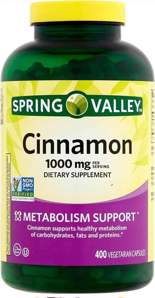 Spring Valley kanel Supplement 1000mg, 400 vegetariske kapsler, inneholder Cassia, ikke ceylon. Herbal Supplement for generell velvære. Luall