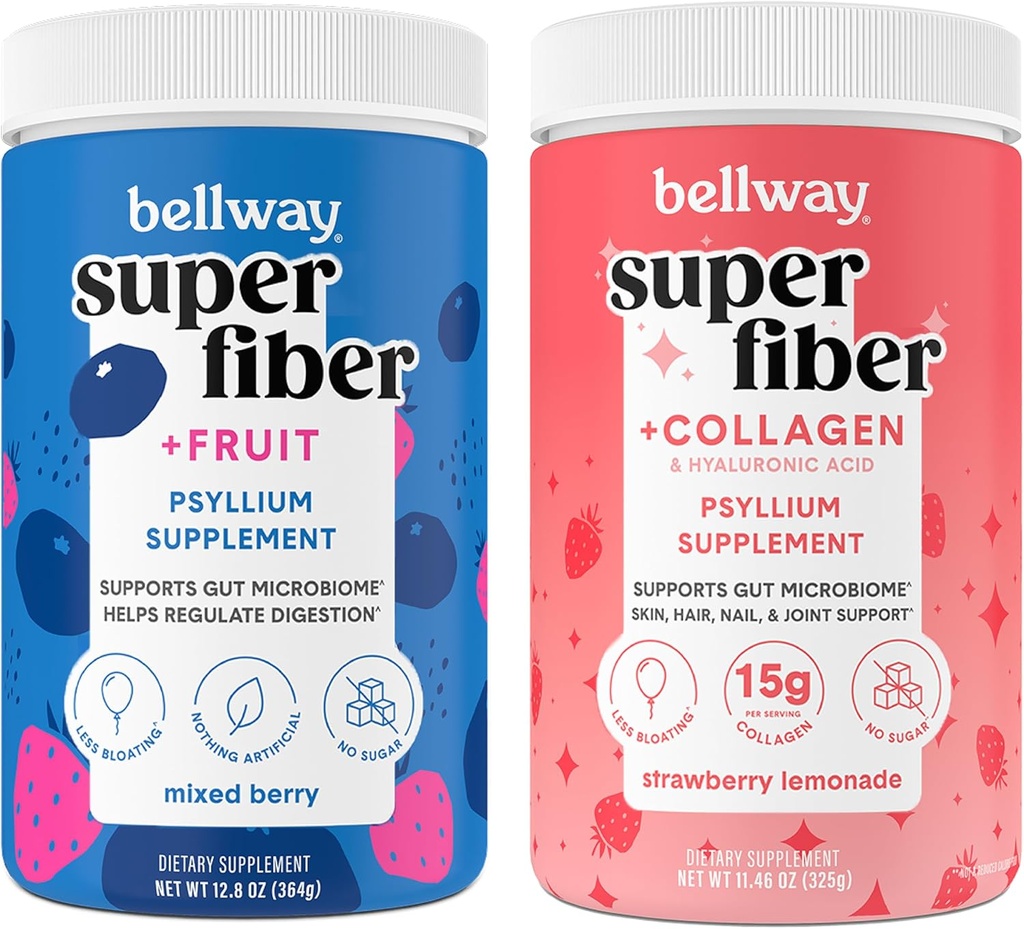 Bellway Super Fiber pulver + frukt, blandet Berry Super Fiber pulver + kollagen, Jordbær sitronade