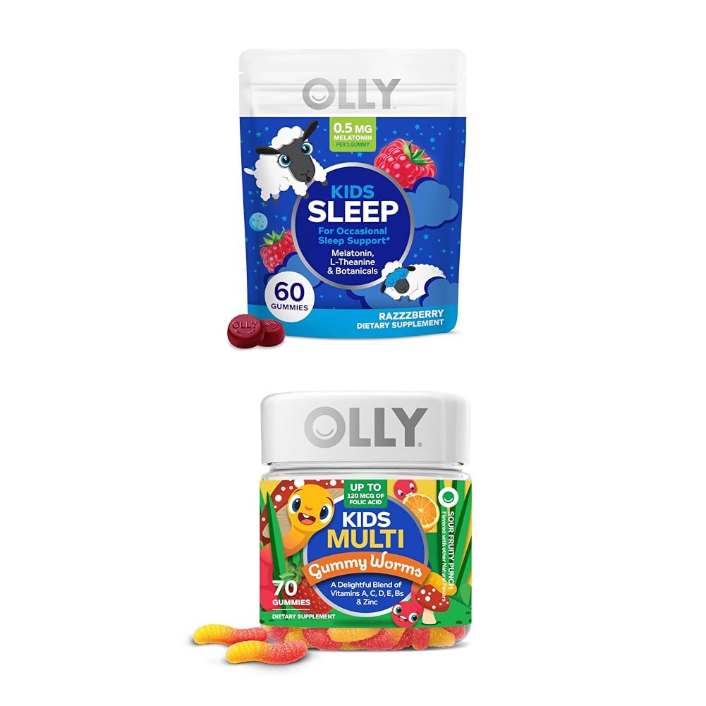 OLLY Kids sove gummy, Melatonin, L Theanine, Kamille, 60 greve og barn multivitamin gummy Worms, vitaminer A C D E Bs sink, 70 greve
