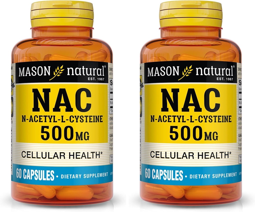 MASON NATURAL NAC N-Acetyl L-cysteine 500 mg - støtter cellulær helse, immunsystem Booster, for generell velvære, 60 kapsler (pakke på 2)