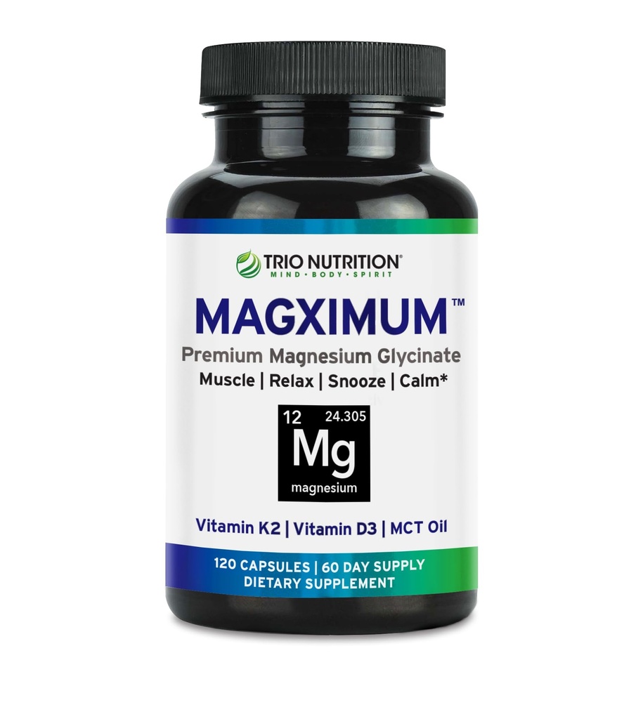 Trio Ernæring MagX Magnesium Glycinat, Vitamin D3, vitamin K2 & MCT olje | Chelatert Magnesium Supplement | Rolig, Relaxation & Recovery | Vær godt hvilet og start dagen med Magximum