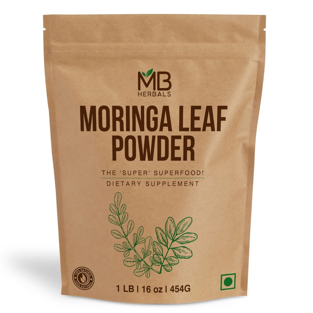 MB Herbals Moringa Leaf pulver 1 lb / 16 oz (454 gram) | 100% ren Moringa pulver | Lette blandinger i drinker og smoothies