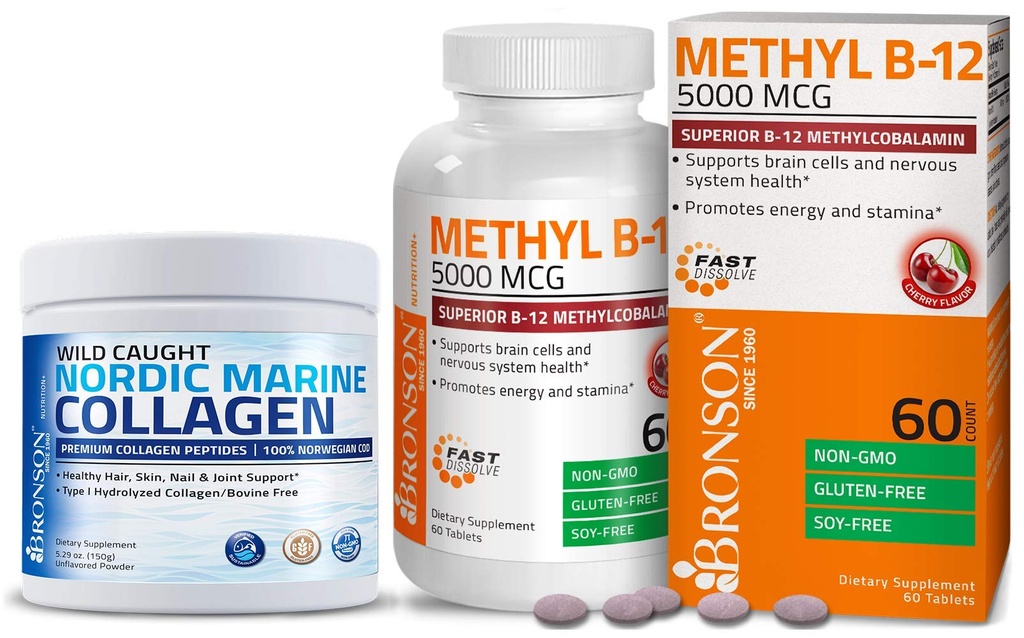 Bronson Marine kollagen Peptider Hydrolysert Protein pulver + Metyl B12 5000 mikrog Vitamin B12 Metylkobalamin