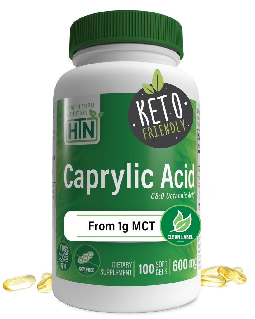Helse Thru Nutrition Caprylic Acid 600mg 100 Softgels | C8 Oktanoic Acid fra ren 1g MCT olje | Ikke-GMO og soya gratis | Støtte sunn digestiv og intestinal helse | Keto Vennlig