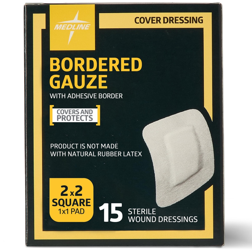 Medline Bordered Gauze, 2" x 2" Adhesive Island Sår Dressing, Sterile, 15 greve