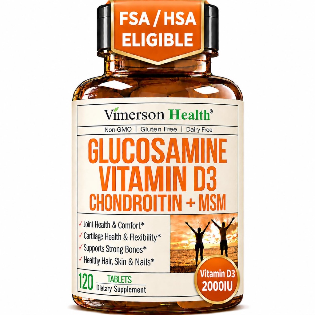 Glukosamine Chondroitin med vitamin D3 2000IU – FSA kvalifiserte felles kosttilskudd for menn og kvinner – Felles helse, hår negler, bein helse og komfort med MSM, Vit D, Bromelain & Boswellia – 120 faner