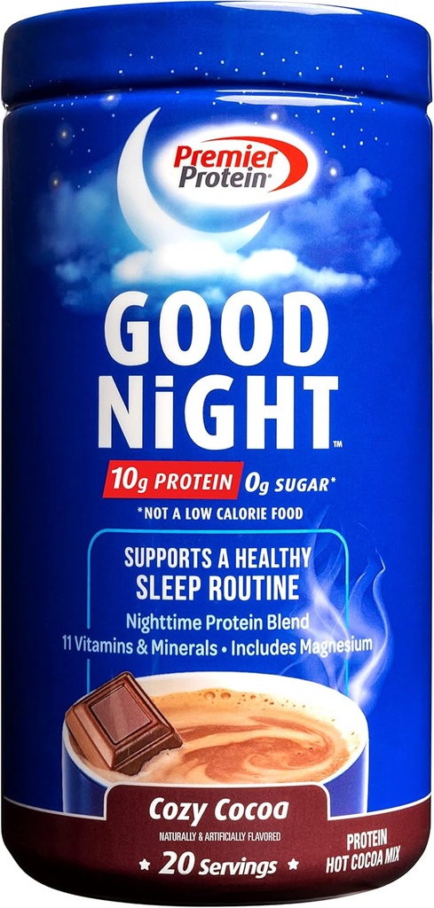 Premier Protein Good Night Protein Powder, Hot Cocoa Mix, 10g Protein, 0g Sukker, 11 Vitaminer og mineraler, Nighttime Protein Blanding, Magnesium, Sink, 20 Servere, 1 Tub