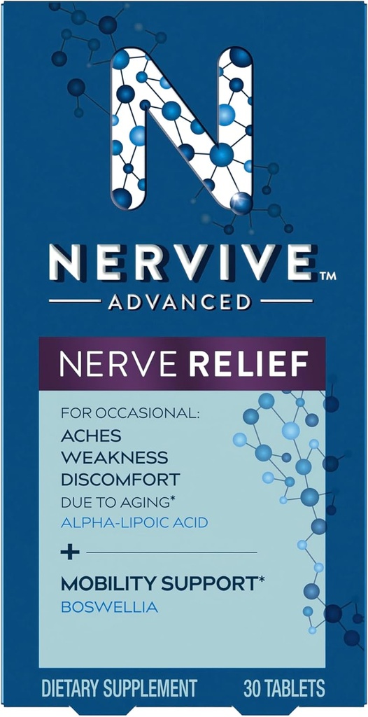 Nerviv Advanced Nerve Relief + Mobilitet, med Alfa Lipoic Acid for å bidra til å redusere Nerve Aches, Svakhet, & Discomfort*† og Boswellia for å fremme mobilitet*, vitaminer B12,B6,B1, 30 tabletter