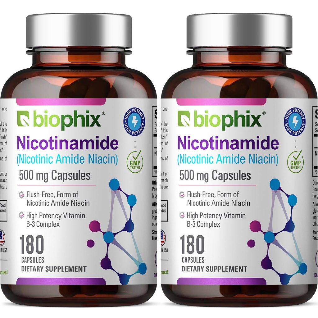 Biophix B-3 Nicotinamid 500 mg 180 Caps 2 Pack - Nikotinic amide Niacin Natural Flush-fri vitamin formel - støtter hudcelle helse