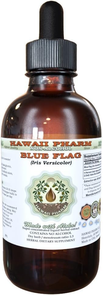 Blått flagg alkohol-fri flytende ekstrakt, organisk blått flagg (Iris versicolor) tørket rot glykeritt Hawaii Pharm Naturlig Herbal Supplement 2 oz