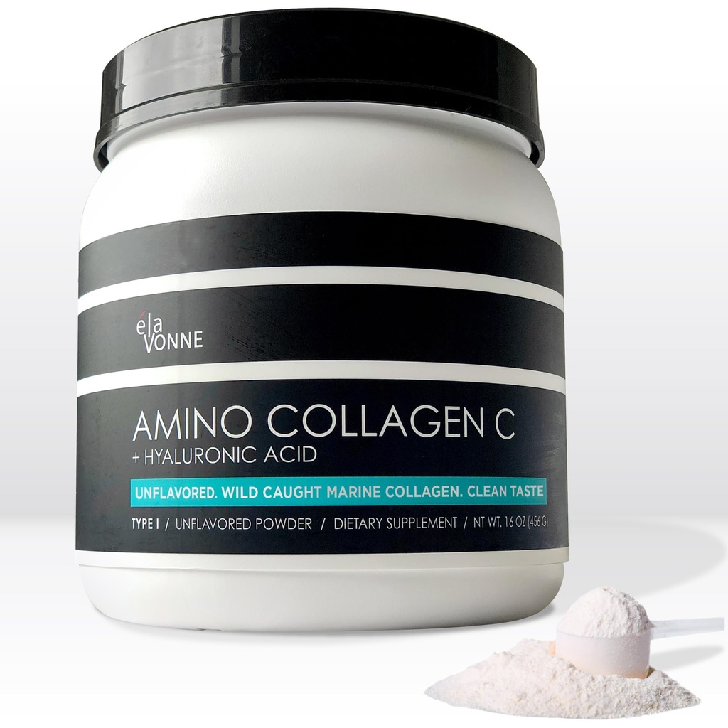 Amino kollagen C med hyaluronsyre (60 Serveringer   16oz   456g) - ikke-GMO Marine kollagenpeptider - Hydrolysert pulver - ikke-slavorert - Ingen sukker - For firm hud, Hydration, sunne ledd og gut.