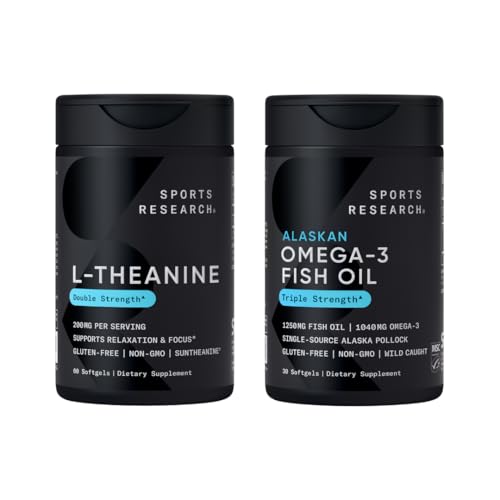 Idrettsforskning Dobbel styrke L-Theanine Suntheanine for fokus, avslapping og varsling ikke-Drowsy støtte + kokosolje 60 greve og trippel styrke Omega 3 fiskeolje 1250mg Burpless Omega3 EPA & DHA
