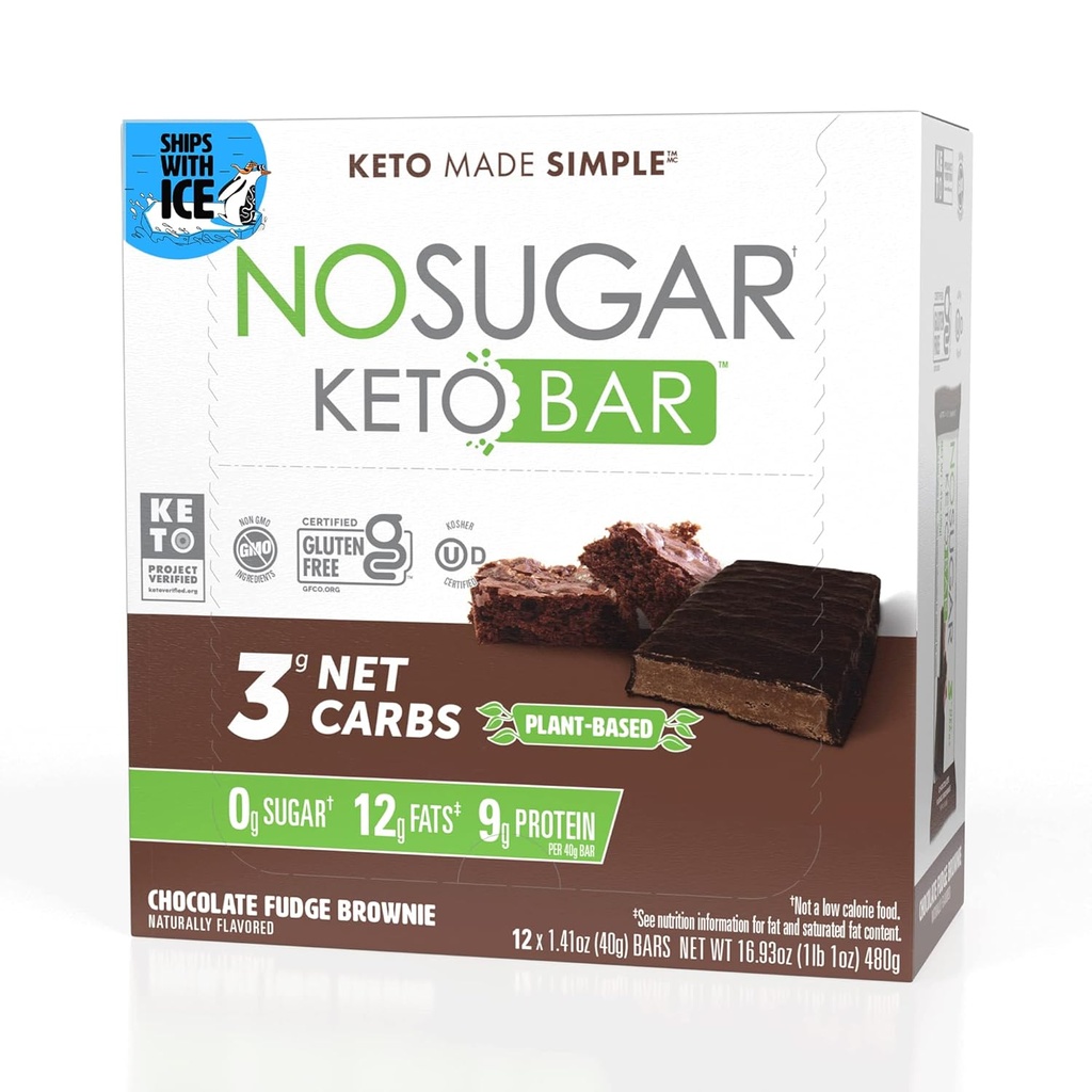 Ingen sukker keto bar Snack, Fudge Brownie, 12 x 1.41oz barer - lav carb ingen sukker keto snack mat med keto vennlige makroer, 3g netto karbohydrater, 9g plantebasert protein, 13g sunn fett, sukkerfri (0g)