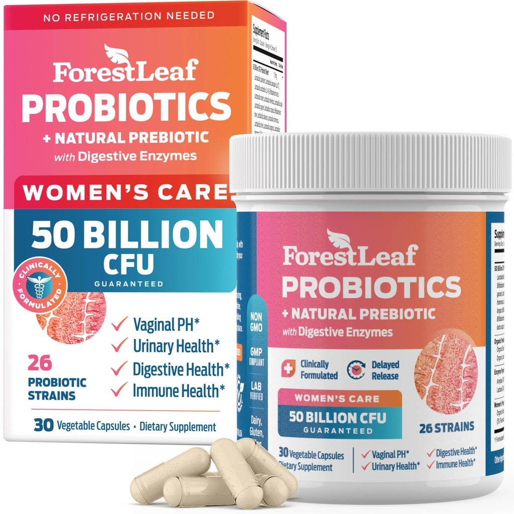 Probiotika for kvinner, 50 milliarder CFU, 26 unike Strains, Kvinners Probiotika og Prebiotika støtte Digestiv Helse, w/ Cranberry, Hibiscus & D-Mannose for Vaginal PH Balance, Urin, Gut (30 Caps)