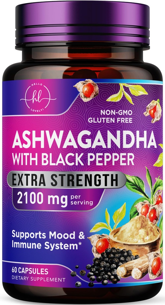 Ashwagandha 2,100 mg - Ashwagandha Kosttilskudd for kvinner i Veggie Capsules med pulver og rotekstrakt, svart pepper for høy absorpsjon, plantebasert, ikke-GMO, flaske i USA - 60 Veggie Capsules