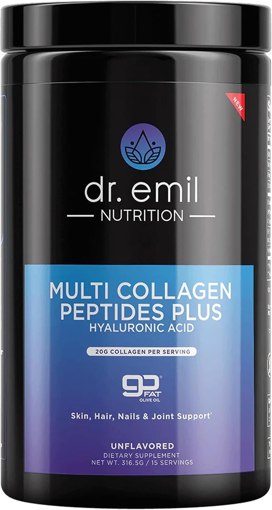 DR. EMIL NUTRITION Multi Collage Peptider pulver - 20g Unflavored Hydrolysert Collage Protein pulver med hyaluronsyre for hår, hud, negler og ledd - 15 serveringer