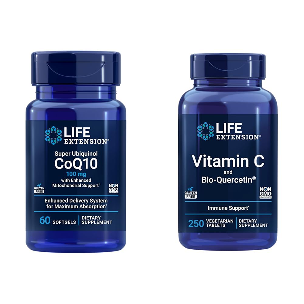 Livsforlengelse Super Ubiquinol CoQ10 60 Softgels og vitamin C & Bio-Quercetin Phytosom 250 Tabletter Bundle for hjerte, cellulær energi, immun og total helsestøtte