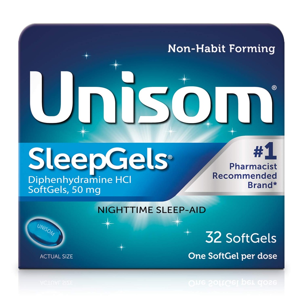 Unisom SleepGels, Natt søvnhjelp, Diphenhydramin HCI 50 mg, 32 SoftGels