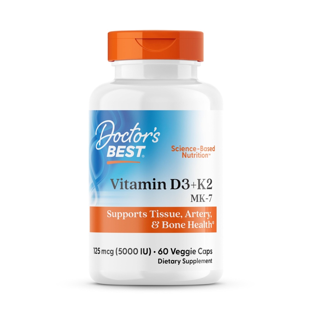 Legens beste vitamin D3 + K2 (Vitamin K2 som MK-7), støtter bein, vev, og arteriell helse, kalsiumabsorpsjon • ikke-GMO • Glutenfri • vegetarisk, 5000 IU, 60 Veggie Caps