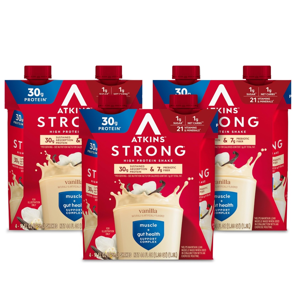 Atkins Sterk høyproteinshake, Vanilla Flavored, 30g Protein, Lavt karbohydrat og Lavt sukkershake, Keto vennlig, Glutenfri, Muskel og Gut helse støtte kompleks, 12 greve