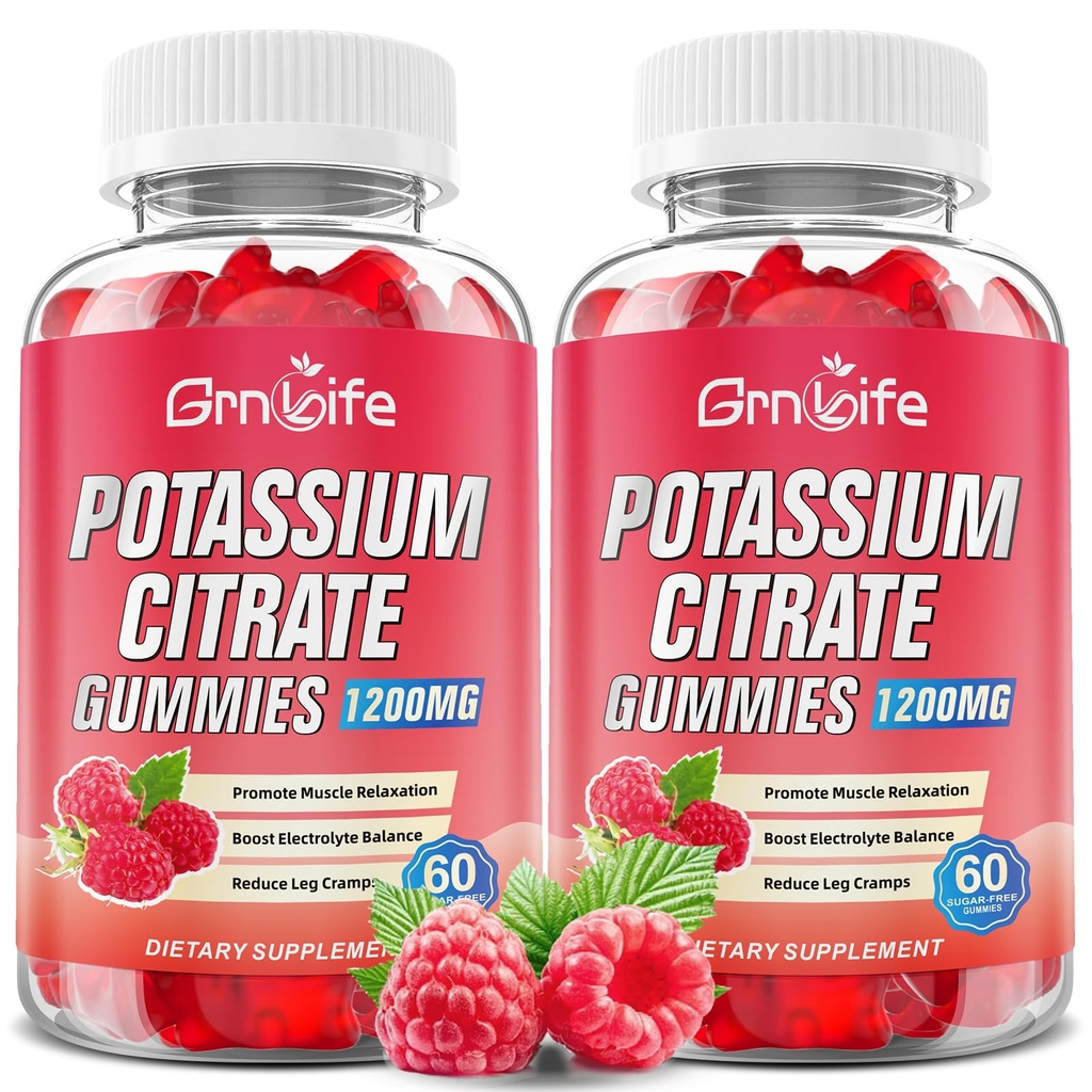2 Pakke Kalium Citrate Gummies, høy Kalium Supplement Gummies 1200mg støtte Ben Kramper & Muskel Helse, Kalium Gummies for voksne og barn, Vegansk, bringebær Flavor 120 greve