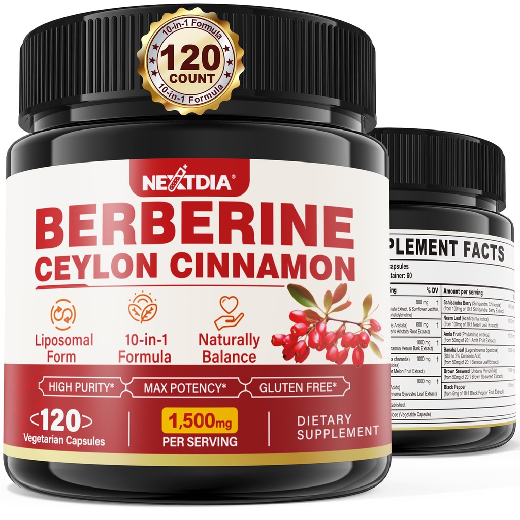 Berberine Supplement Organic 1500mg med Ceylon Cinnamon Bitter Melon, Liposomal Berberine HCL Complex Supplements, Immun & Digestive Support - Ikke-GMO, Økologisk, Vegansk Berberine Kapsler 120Cts
