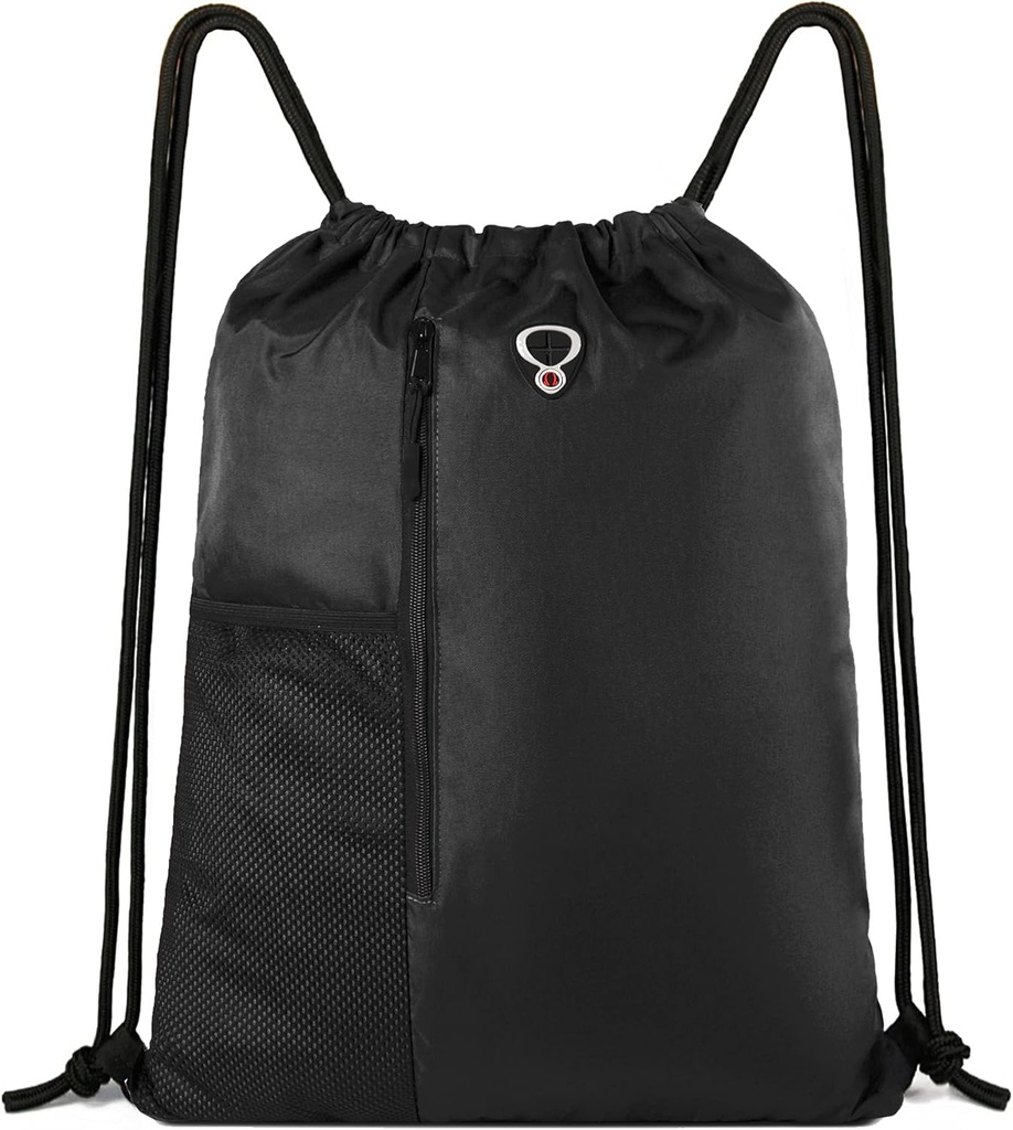 BeeGreen Black Drawstring ryggsekk Gym Bag For Menn Kvinner String Sports Ryggsekk Med Vannflaske Mesh Pockets Og 2 Zippered Pocket Stor Cinch Sackpack Workout Bag 16" x 20"